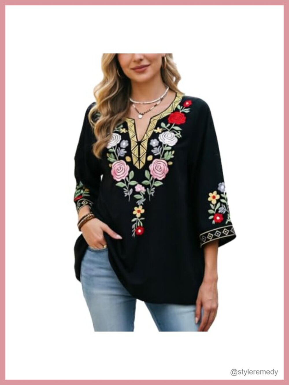 Mexican Embroidered Boho Blouse 3/4 Sleeve Peasant Top V-Neck with Belt